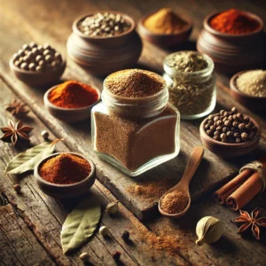 Garam Masala Mix displayed in a small glass jar on a rustic wooden table, surrounded by small bowls of individual spices like ground coriander, cumin, cardamom, white peppercorns, dried bay leaf, crushed chile pepper, cinnamon, cloves, and nutmeg. A wooden spoon rests nearby, with soft natural lighting highlighting the rich colors and aromatic textures.