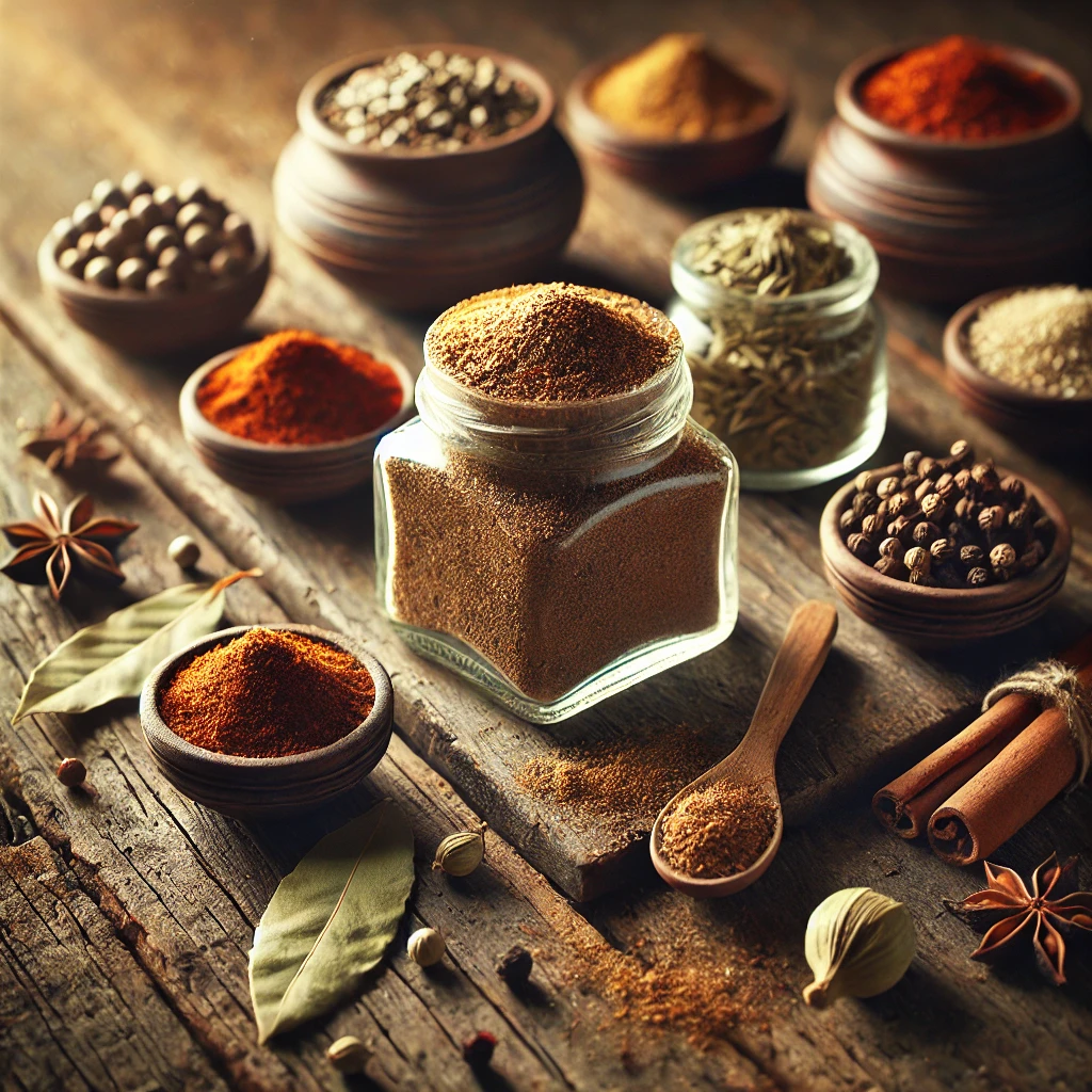 Garam Masala Mix displayed in a small glass jar on a rustic wooden table, surrounded by small bowls of individual spices like ground coriander, cumin, cardamom, white peppercorns, dried bay leaf, crushed chile pepper, cinnamon, cloves, and nutmeg. A wooden spoon rests nearby, with soft natural lighting highlighting the rich colors and aromatic textures.