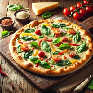 A beautifully plated Garden-Fresh Alfredo Pizza served on a rustic wooden table. The pizza features a crispy golden crust topped with creamy Alfredo sauce, mozzarella cheese, and an assortment of fresh vegetables such as spinach, cherry tomatoes, bell peppers, and red onions. Garnished with fresh basil leaves and a sprinkle of Parmesan cheese. Arranged on a wooden pizza board with a side of crushed red pepper flakes. The warm wooden table is more visible, providing a cozy and inviting setting.