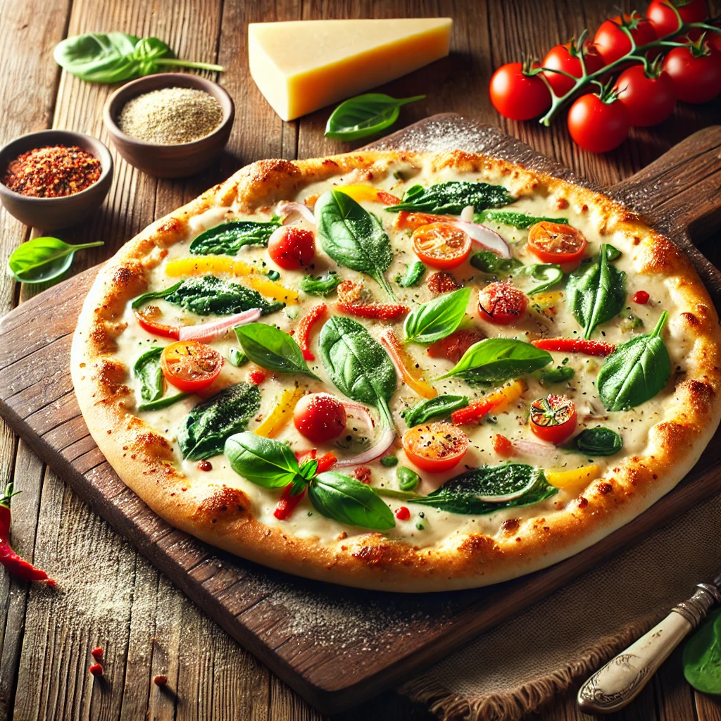 A beautifully plated Garden-Fresh Alfredo Pizza served on a rustic wooden table. The pizza features a crispy golden crust topped with creamy Alfredo sauce, mozzarella cheese, and an assortment of fresh vegetables such as spinach, cherry tomatoes, bell peppers, and red onions. Garnished with fresh basil leaves and a sprinkle of Parmesan cheese. Arranged on a wooden pizza board with a side of crushed red pepper flakes. The warm wooden table is more visible, providing a cozy and inviting setting.