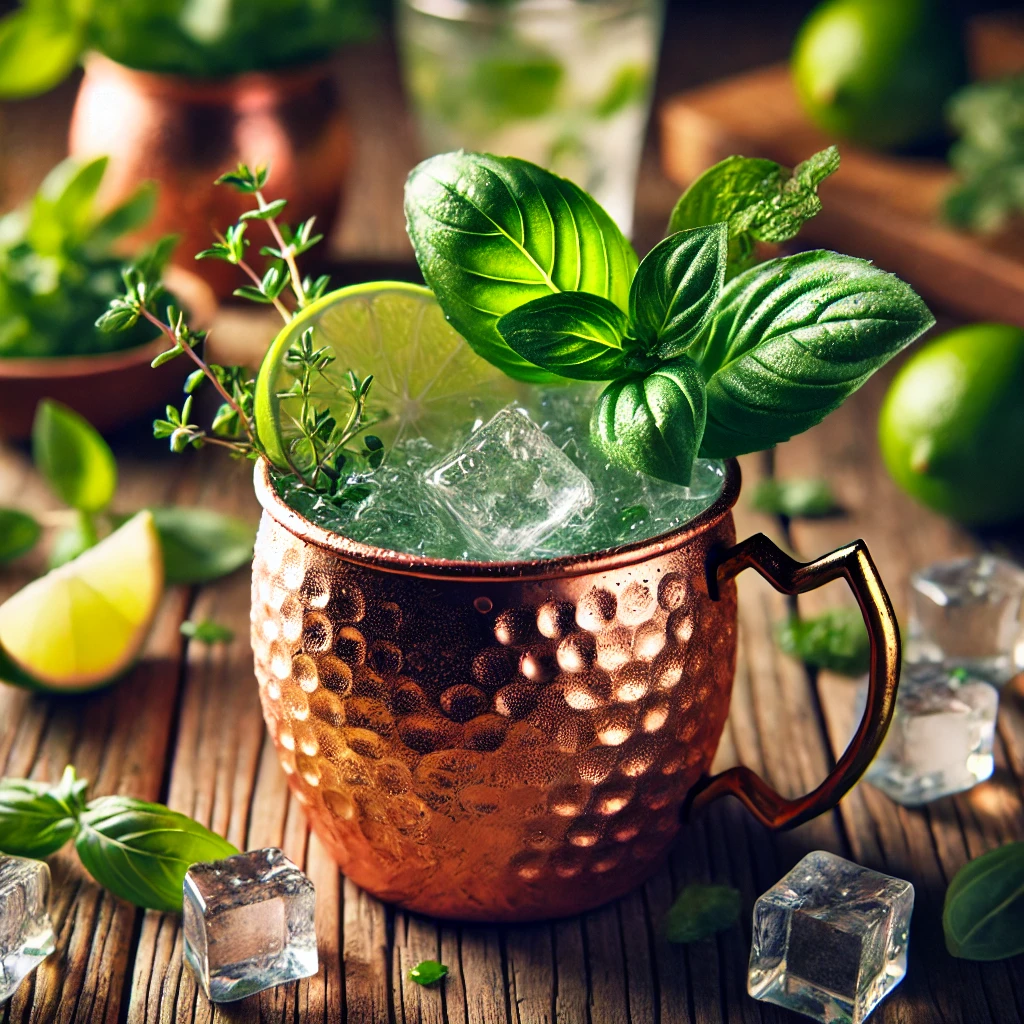 A beautifully crafted Garden Mule cocktail in a copper mug filled with ice, garnished with a lime wedge and a sprig of basil. The mug sits on a rustic wooden table with fresh herbs and citrus slices around, highlighted by soft, natural lighting for a cozy and inviting atmosphere.