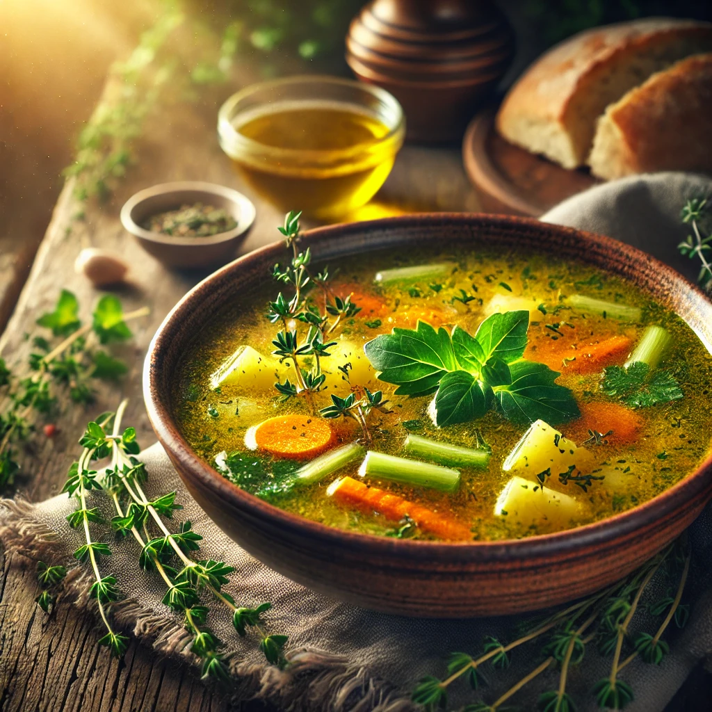 Garden Herb Soup in a rustic ceramic bowl, featuring a golden broth with fresh parsley, thyme, and basil, along with diced carrots, celery, and potatoes. Garnished with fresh herbs and olive oil, set on a wooden table with crusty bread and butter in the softly blurred background.
