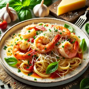 Shrimp Scampi Linguine, featuring al dente pasta topped with succulent shrimp in a rich tomato-basil sauce, garnished with fresh parmesan and herbs, presented in a bright and inviting setting.