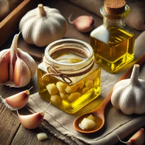A small jar of garlic oil sauce with a golden hue sits on a rustic wooden table, containing visible pieces of freshly minced garlic. Surrounding the jar are whole garlic bulbs, peeled garlic cloves, a bottle of olive oil, and a small spoon, with a folded linen napkin completing the setup.