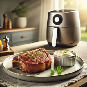 A perfectly roasted ribeye steak with a golden-brown crust, served on a modern plate alongside a small dish of creamy garlic mayonnaise. The dish is garnished with fresh herbs, with a contemporary kitchen and an air fryer softly visible in the background, illuminated by natural light.