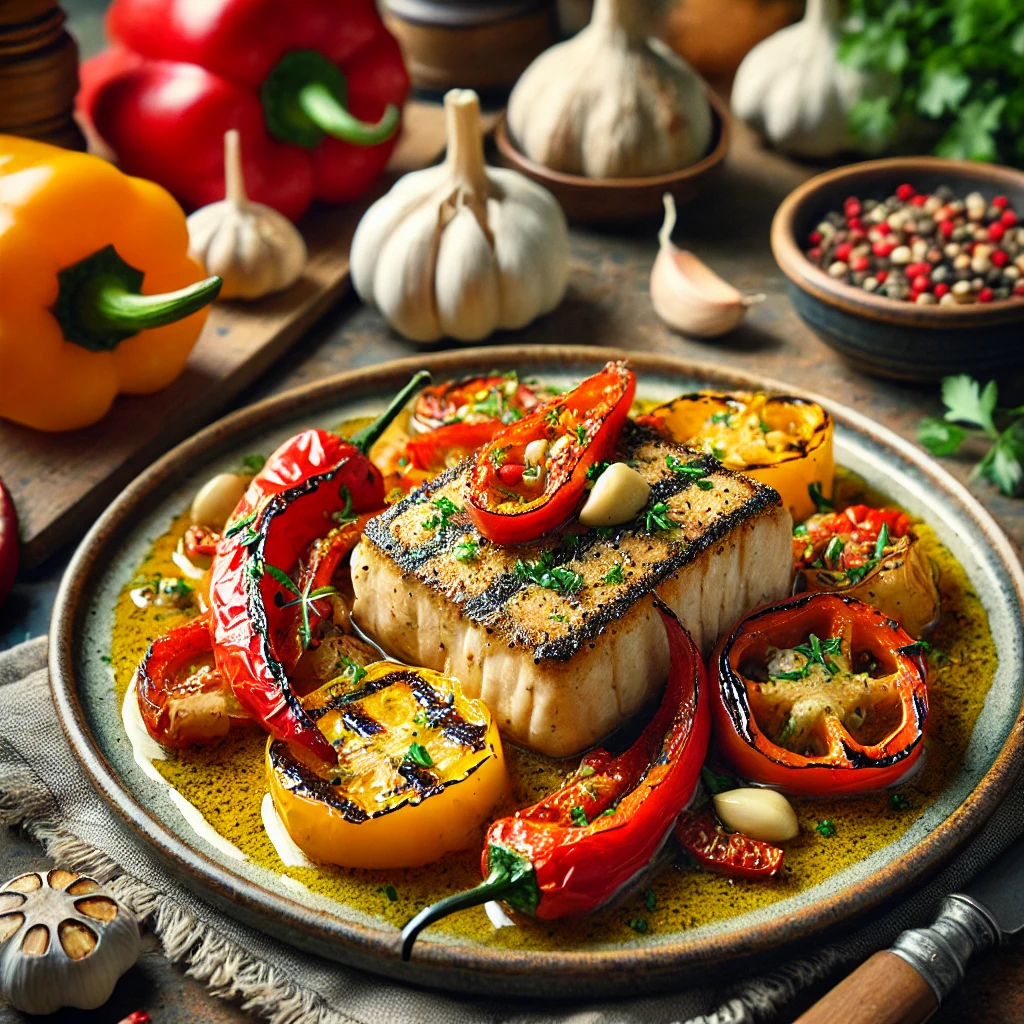 Swordfish with Roasted Peppers and Garlic Sauce, featuring juicy swordfish steaks served with charred bell peppers and drizzled with a rich garlic butter sauce, presented in a rustic Mediterranean style.