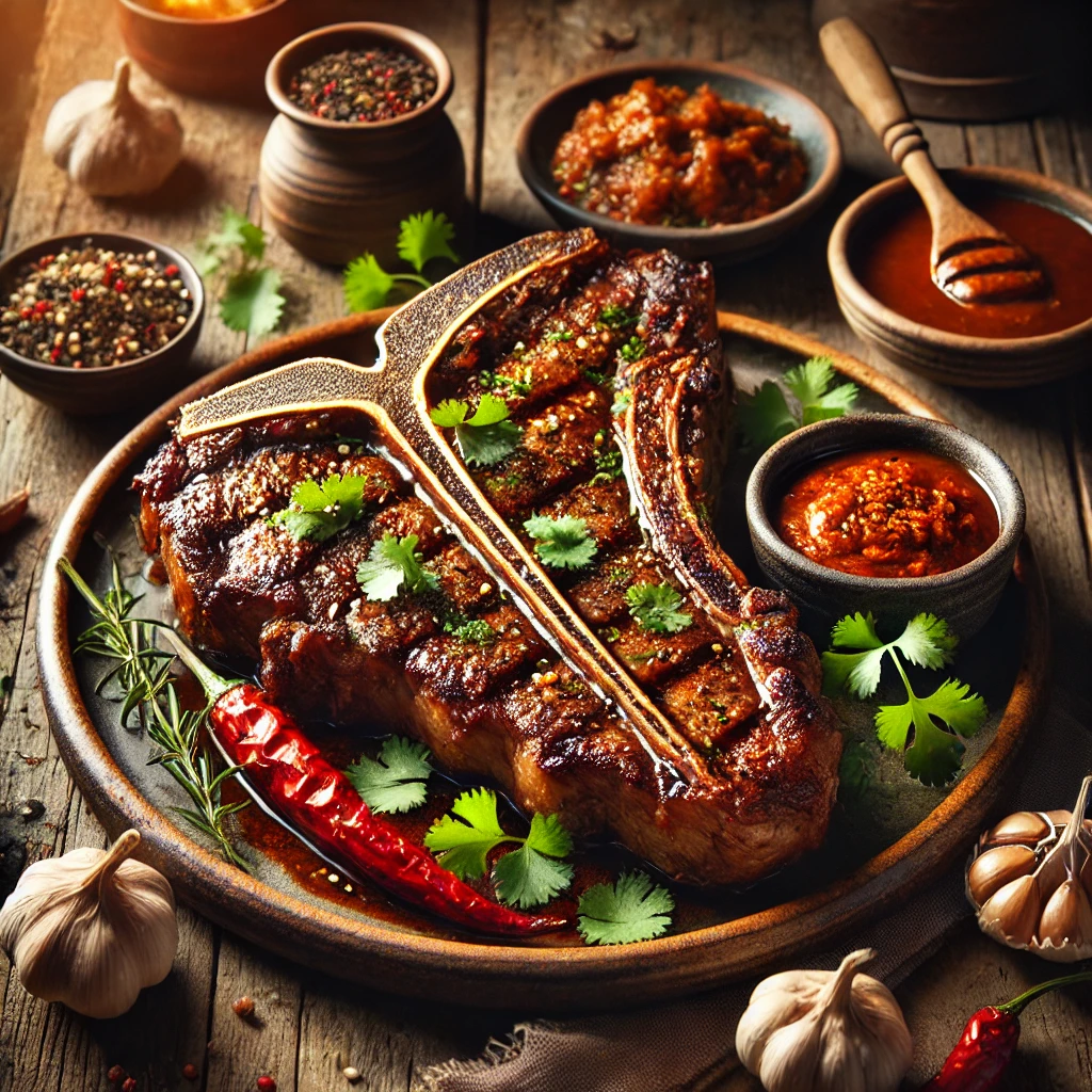 A sumptuous plate of Aromatic T-Bone Steak, grilled to golden perfection, garnished with fresh cilantro. The steak is accompanied by a flavorful sauce made with tamari, tomato paste, and Sriracha, presented on a rustic ceramic plate. The wooden table setting includes small bowls of ingredients like dried rosemary, basil, and garlic cloves, enhanced by warm natural lighting that highlights the rich textures and inviting aroma of the dish.