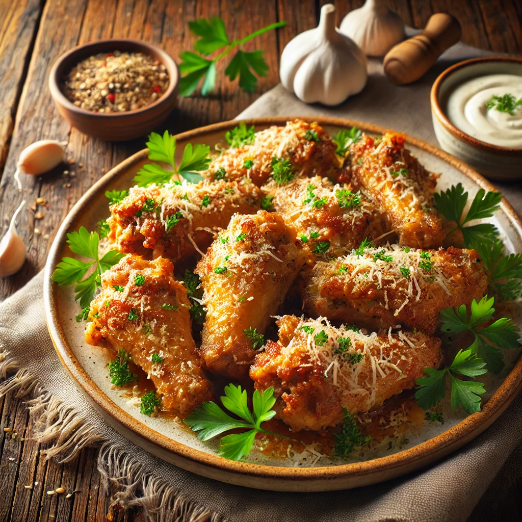 A beautifully plated dish of Garlic Parmesan Chicken Wings served on a rustic wooden table. The dish features crispy, golden-brown chicken wings coated in a rich garlic butter sauce and sprinkled with freshly grated Parmesan cheese. Garnished with chopped parsley and served with a side of creamy dipping sauce. The warm wooden table is more visible, providing a cozy and inviting setting.