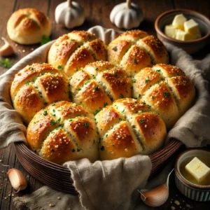 A batch of freshly baked Garlic Rolls with a golden, buttery crust, sprinkled with minced garlic and fresh parsley. The rolls are soft and fluffy inside, with a slightly crisp exterior. They are arranged in a rustic bread basket on a wooden table, accompanied by a small dish of garlic butter and a linen napkin. Warm, natural lighting enhances the inviting textures and rich, savory tones.