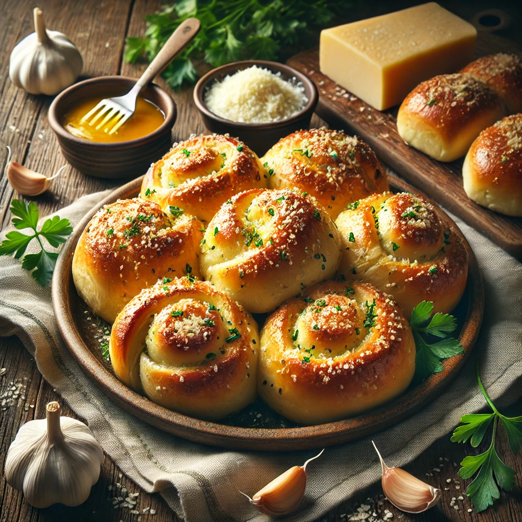 A rustic ceramic plate of golden-brown garlic rolls and knots sits on a wooden table. The rolls and knots are brushed with glossy garlic butter, sprinkled with finely grated Romano cheese and chopped parsley. A small bowl of melted garlic butter and a wedge of Romano cheese accompany the dish. Scattered around are fresh parsley sprigs, garlic cloves, and a folded linen napkin. Soft natural light highlights the crispy, golden texture and buttery sheen, creating a warm and appetizing presentation.
