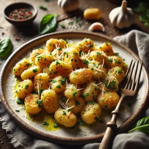 A plate of homemade garlic and herb gnocchi on a rustic wooden table, golden and lightly pan-seared, coated in a garlic butter sauce with fresh herbs. Garnished with grated Parmesan and black pepper, with a fork resting on the plate and fresh herb sprigs scattered around. Soft natural lighting enhances the textures and rich flavors.