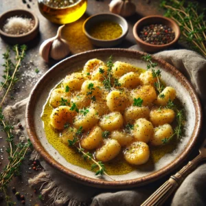 A rustic plate of golden-brown Garlic and Herb Potato Gnocchi, garnished with fresh parsley, thyme, vegan Parmesan, and cracked black pepper, served with a bowl of olive oil on a wooden table.