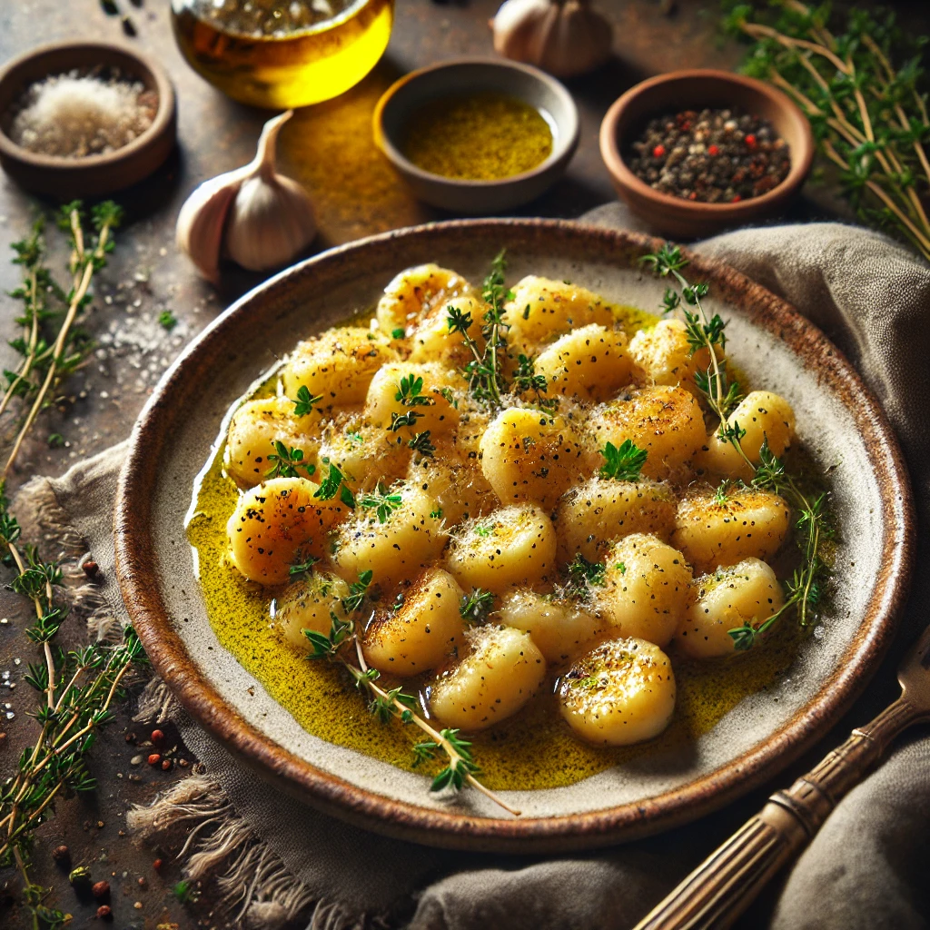 A rustic plate of golden-brown Garlic and Herb Potato Gnocchi, garnished with fresh parsley, thyme, vegan Parmesan, and cracked black pepper, served with a bowl of olive oil on a wooden table.