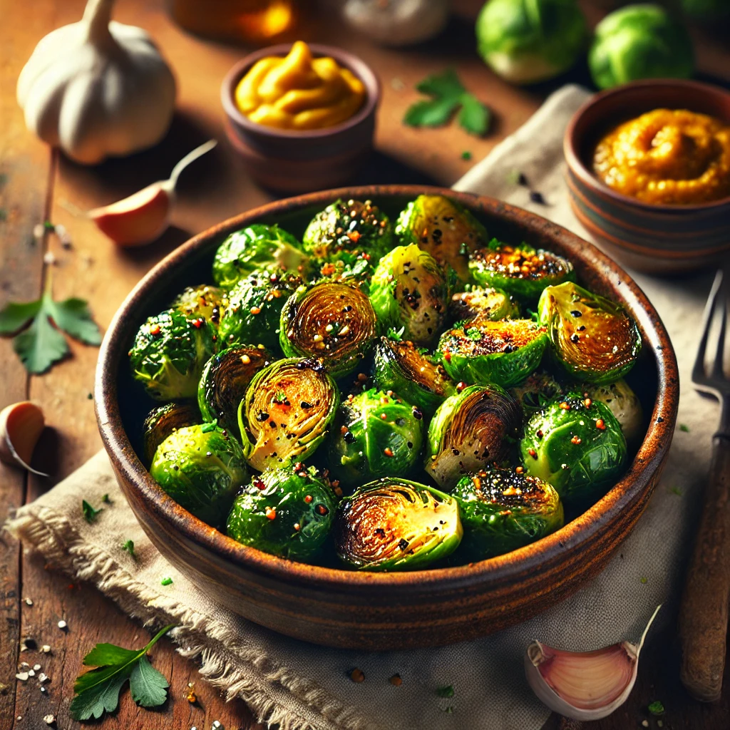 A bowl of golden-brown roasted Brussels sprouts coated in garlic and mustard glaze, garnished with parsley and black pepper, set on a rustic wooden table with mustard and garlic in the background.