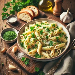 A beautifully plated dish of Garlic and Parsley Pasta served on a rustic wooden table. The dish features al dente pasta tossed with sautéed garlic, fresh parsley, and olive oil. Garnished with additional chopped parsley and a sprinkle of grated Parmesan cheese. Served in a white ceramic bowl with a side of crusty bread. The warm wooden table is more visible, providing a cozy and inviting setting.
