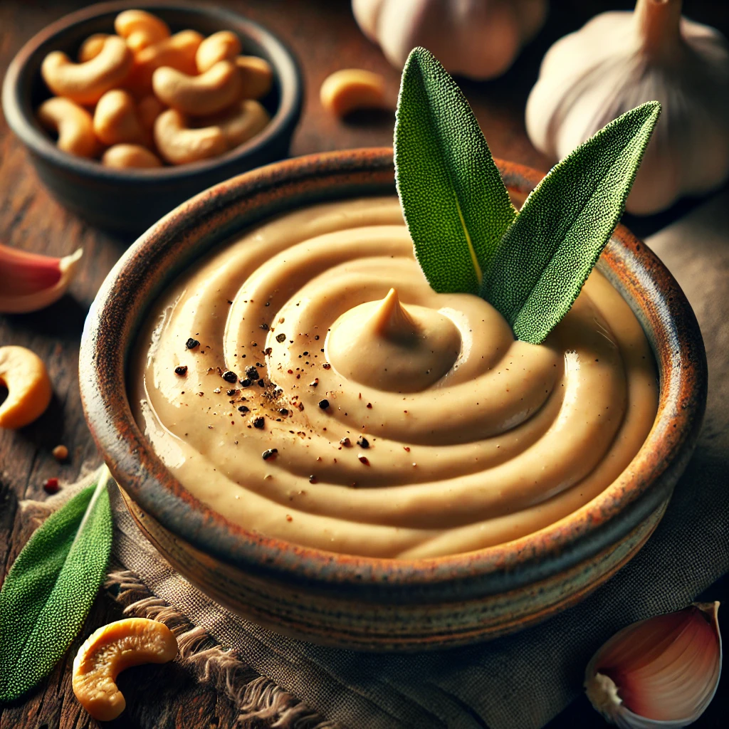 A rich and creamy Garlic and Sage Cashew Cream Sauce with a smooth, velvety texture, served in a rustic ceramic bowl. The sauce is elegantly swirled and garnished with fresh sage leaves and a sprinkle of black pepper. The bowl sits on a rustic wooden table, accompanied by a small dish of cashews, whole garlic cloves, and a drizzle of olive oil. Warm, natural lighting enhances the inviting, homemade