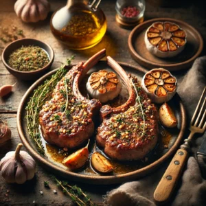 Garlic and Thyme Air Fryer Lamb Chops served on an artisan ceramic plate, seared to perfection with a golden-brown crust, infused with garlic and thyme flavors. The dish is garnished with fresh thyme sprigs and roasted garlic cloves, styled on a rustic wooden table with a small bowl of herb-infused olive oil, a wooden serving fork, and a side of roasted vegetables.