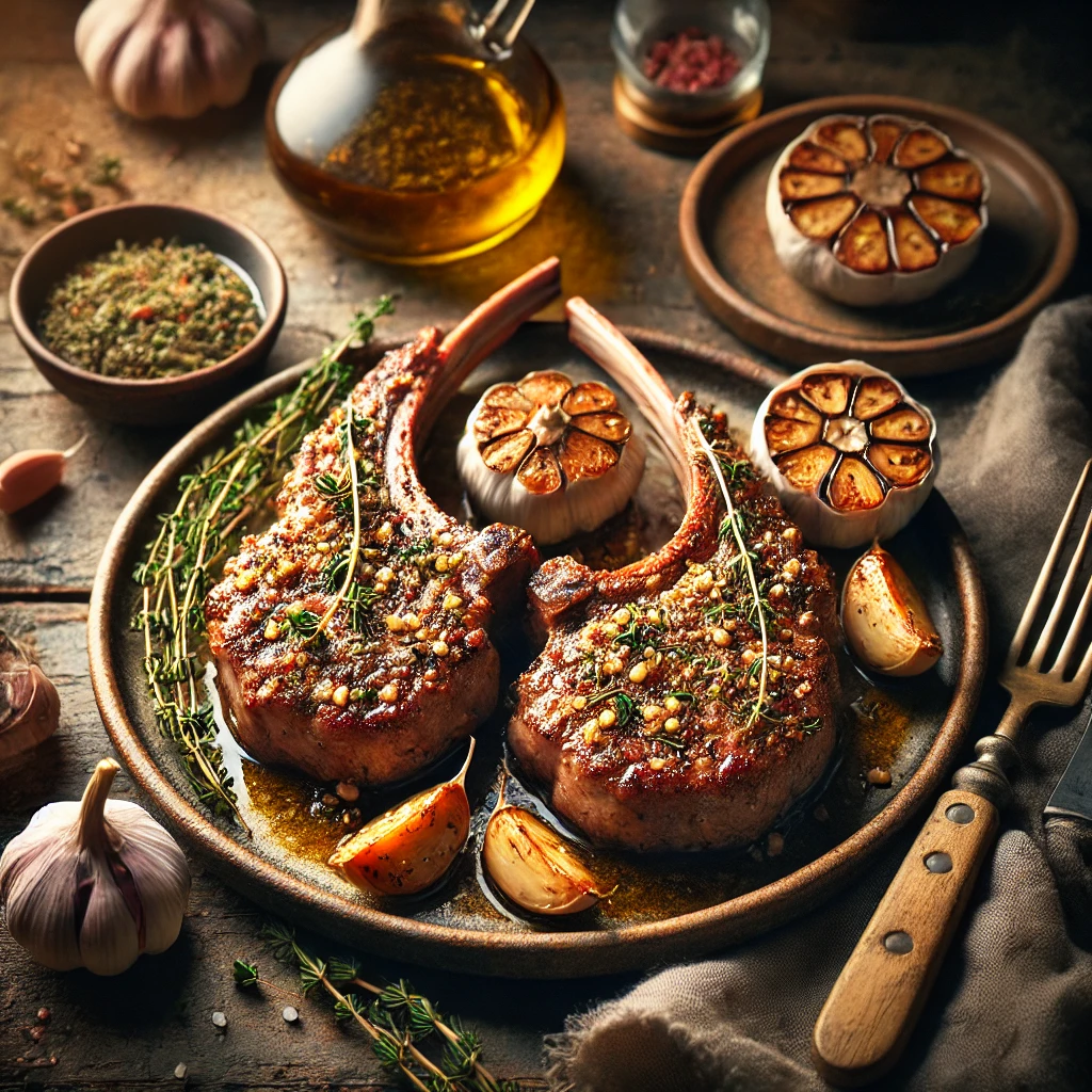Garlic and Thyme Air Fryer Lamb Chops served on an artisan ceramic plate, seared to perfection with a golden-brown crust, infused with garlic and thyme flavors. The dish is garnished with fresh thyme sprigs and roasted garlic cloves, styled on a rustic wooden table with a small bowl of herb-infused olive oil, a wooden serving fork, and a side of roasted vegetables.
