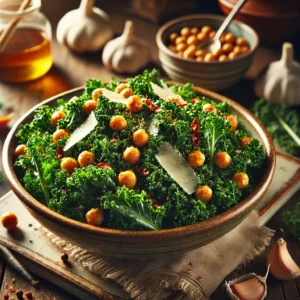 Fresh massaged kale tossed in a garlicky lemon dressing, topped with crispy roasted chickpeas, shaved Parmesan, and red pepper flakes, garnished with sesame seeds.