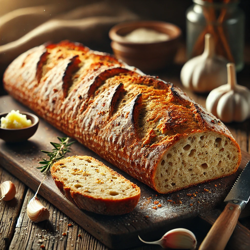 A freshly baked Garlicky Whole Wheat Baguette with a golden-brown, crispy crust and a soft, hearty interior. The baguette is infused with roasted garlic and has a rustic, artisanal appearance with a slightly flour-dusted surface. It rests on a wooden cutting board atop a rustic wooden table, with a few slices cut to reveal its fluffy, whole wheat texture. A small dish of garlic butter, fresh garlic cloves, and a sprig of rosemary complete the inviting, homemade presentation. Warm, natural lighting enhances the cozy feel.