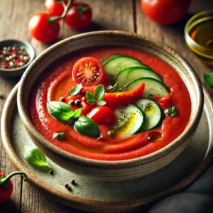 A beautifully plated bowl of Gazpacho, featuring a vibrant red chilled tomato soup made from fresh tomatoes, cucumbers, bell peppers, and garlic. The bowl rests on a wooden table with soft, natural lighting highlighting the refreshing and summery presentation.