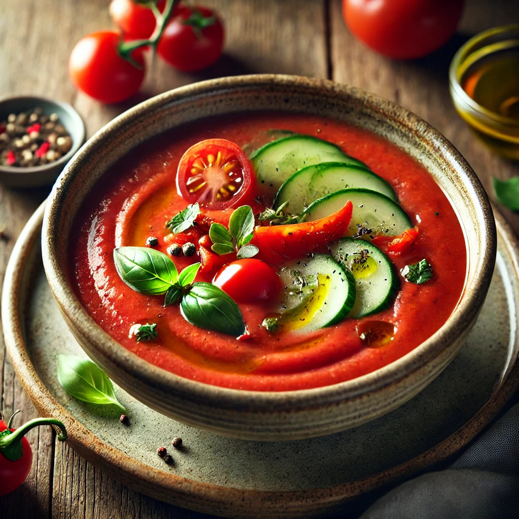 A beautifully plated bowl of Gazpacho, featuring a vibrant red chilled tomato soup made from fresh tomatoes, cucumbers, bell peppers, and garlic. The bowl rests on a wooden table with soft, natural lighting highlighting the refreshing and summery presentation.