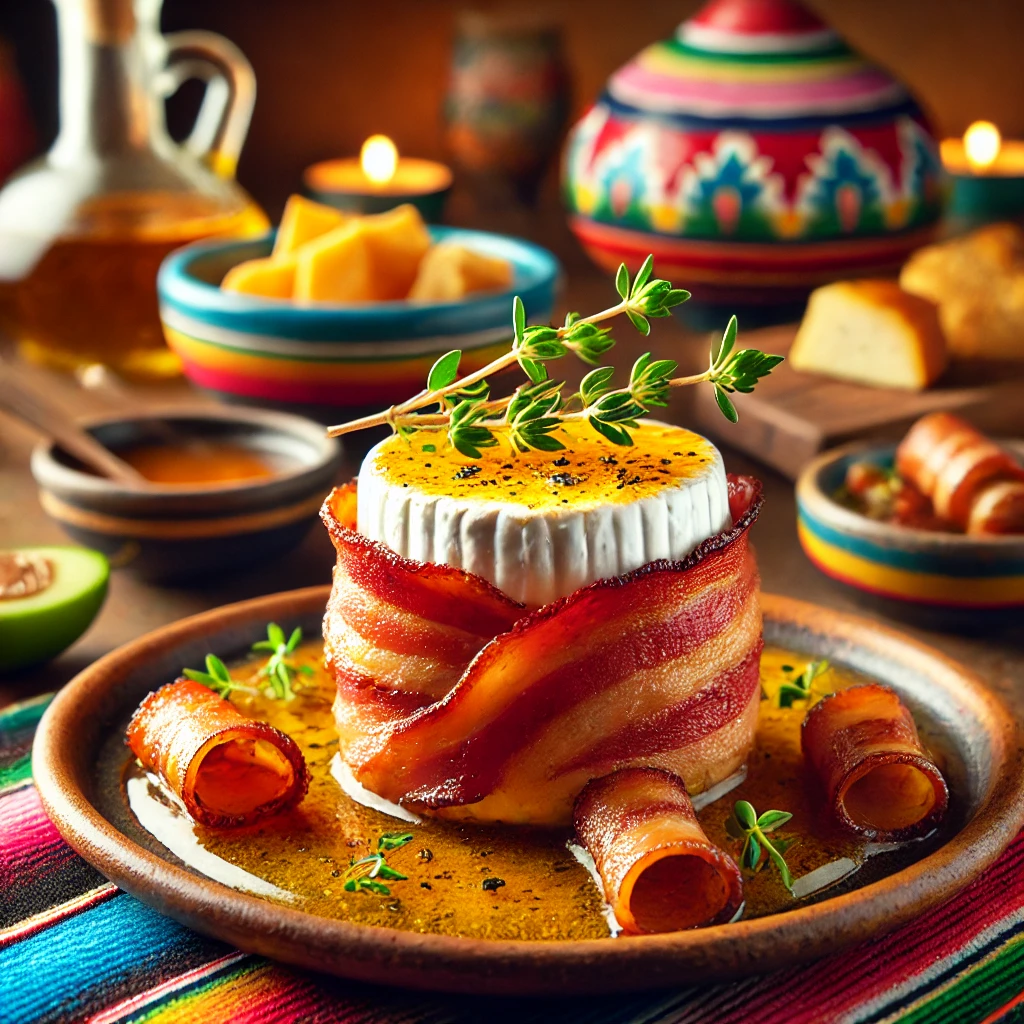 Goat cheese wrapped in bacon with honey-thyme sauce, served in a vibrant Mexican-inspired setting.
