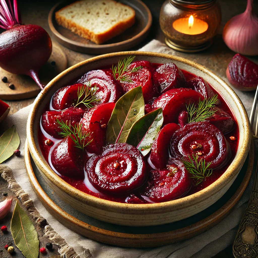 A beautifully plated dish of Gently Stewed Beetroots, featuring tender, slow-cooked beetroot slices in a rich, slightly sweet and tangy sauce. The dish has a deep ruby-red hue, infused with subtle flavors of garlic, bay leaves, and a hint of vinegar. Garnished with fresh dill and a drizzle of olive oil, it is served in a rustic ceramic bowl. Accompanied by a side of crusty bread or a dollop of sour cream, the bowl rests on a wooden table with soft, warm lighting enhancing the inviting and comforting presentation.