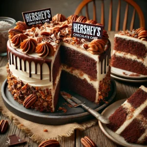 A rich German Chocolate Cake from Hershey's on a rustic wooden table, featuring layers of moist chocolate sponge filled and topped with coconut-pecan frosting. A slice is cut to reveal the decadent filling between layers. The cake is garnished with chocolate shavings and whole pecans, with scattered coconut flakes and chocolate pieces adding to the homemade feel. Soft natural lighting enhances the warm, inviting tones.