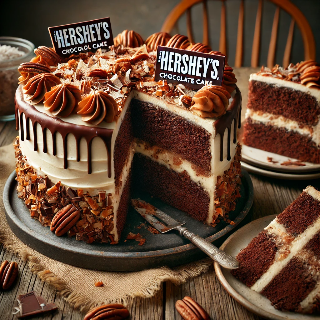 A rich German Chocolate Cake from Hershey's on a rustic wooden table, featuring layers of moist chocolate sponge filled and topped with coconut-pecan frosting. A slice is cut to reveal the decadent filling between layers. The cake is garnished with chocolate shavings and whole pecans, with scattered coconut flakes and chocolate pieces adding to the homemade feel. Soft natural lighting enhances the warm, inviting tones.