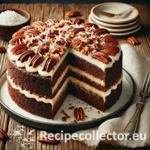 Close-up of a rich, layered German chocolate cake with glossy chocolate frosting and a thick coconut-pecan filling, served on a rustic wooden table in warm, natural light.