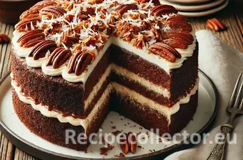 Close-up of a rich, layered German chocolate cake with glossy chocolate frosting and a thick coconut-pecan filling, served on a rustic wooden table in warm, natural light.