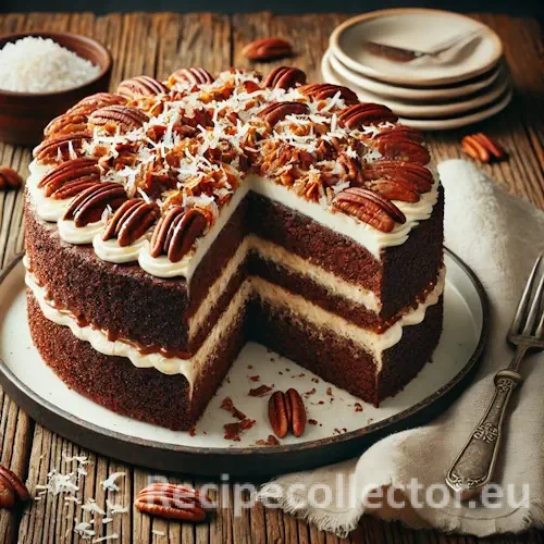 Close-up of a rich, layered German chocolate cake with glossy chocolate frosting and a thick coconut-pecan filling, served on a rustic wooden table in warm, natural light.