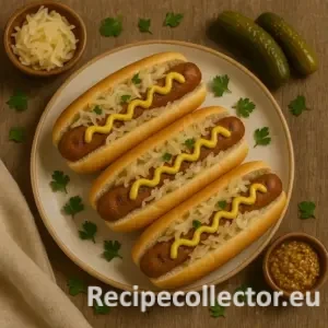 Three seitan hot dogs topped with sauerkraut and mustard, served in toasted buns with parsley garnish, alongside bowls of sauerkraut and grainy mustard, and pickles on a rustic wooden table.