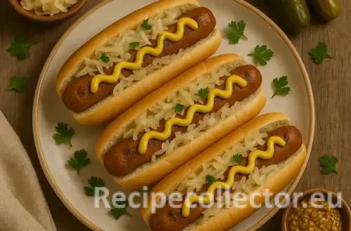Three seitan hot dogs topped with sauerkraut and mustard, served in toasted buns with parsley garnish, alongside bowls of sauerkraut and grainy mustard, and pickles on a rustic wooden table.