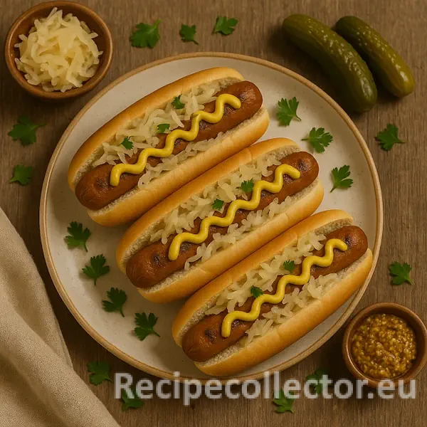 Three seitan hot dogs topped with sauerkraut and mustard, served in toasted buns with parsley garnish, alongside bowls of sauerkraut and grainy mustard, and pickles on a rustic wooden table.