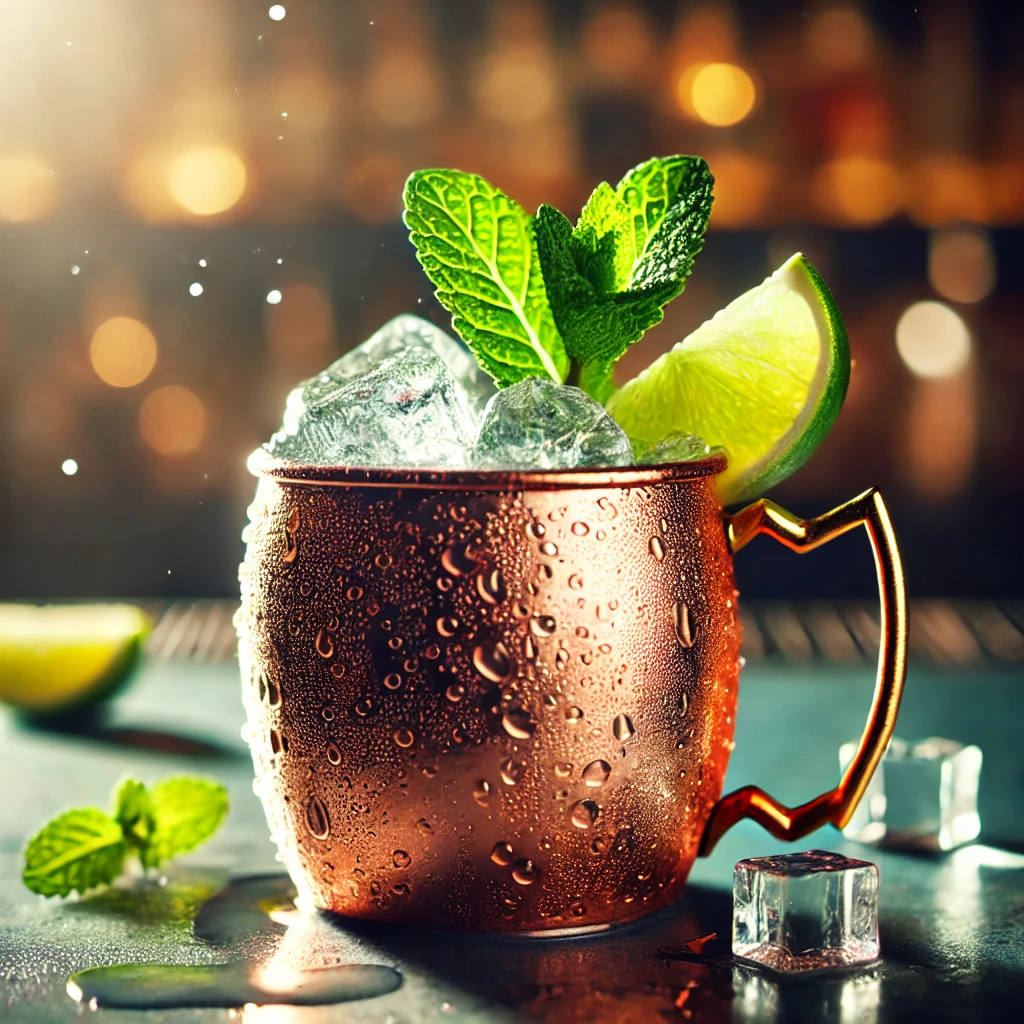 A refreshing Gin Moscow Mule served in a classic copper mug, filled with ice, and garnished with a fresh lime wedge and a sprig of mint. The drink glistens under bright lighting, highlighting the effervescent ginger beer bubbles and condensation on the mug.