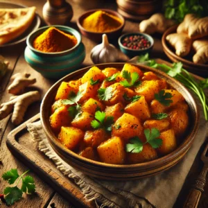 A bowl of Ginger Curry Potatoes with tender potato cubes in a golden curry sauce, garnished with cilantro, served on a rustic wooden table with naan bread, curry powder, and fresh ginger in the background.