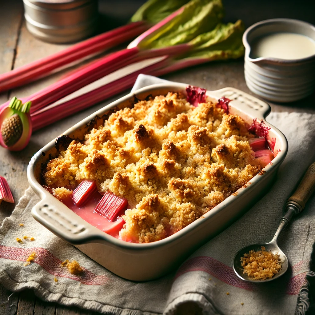 A warm and inviting rhubarb crumble in an elegant ANTA baking dish, with a golden, buttery topping and vibrant pink baked rhubarb peeking through. The dish sits on a rustic wooden table, accompanied by a spoon and a linen napkin. A small bowl of cream or custard is nearby, ready to be poured. Soft natural lighting enhances the cozy, homemade feel, with fresh rhubarb stalks and a dusting of sugar in the background.