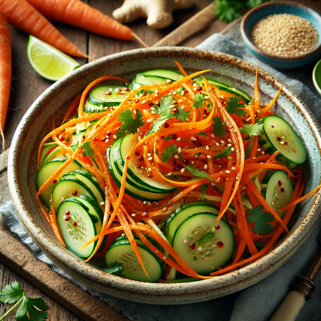 Ginger-sesame carrot and cucumber salad with thin ribbons of carrot and cucumber, garnished with sesame seeds, cilantro, and chili flakes, served in a rustic bowl with lime wedges and fresh ginger on a wooden table.
