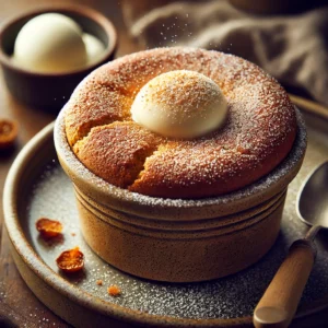 A beautifully risen Gingerbread Soufflé, served in a rustic ceramic ramekin with a golden-brown top dusted lightly with caster sugar. The soufflé has a delicate, airy texture with hints of warm gingerbread spices. It sits on a wooden table, accompanied by a small dish of ice cream and a spoon. Soft, natural lighting enhances the inviting textures and warm tones of the dessert.