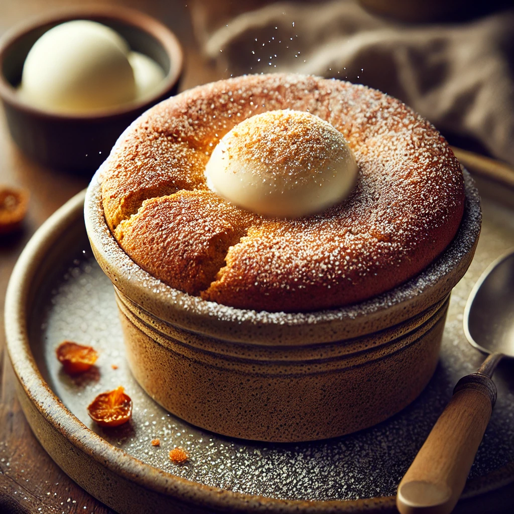 A beautifully risen Gingerbread Soufflé, served in a rustic ceramic ramekin with a golden-brown top dusted lightly with caster sugar. The soufflé has a delicate, airy texture with hints of warm gingerbread spices. It sits on a wooden table, accompanied by a small dish of ice cream and a spoon. Soft, natural lighting enhances the inviting textures and warm tones of the dessert.