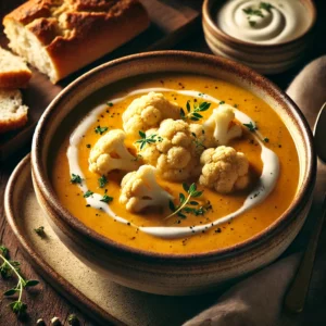 A beautifully plated Gingery Cauliflower Soup, featuring a smooth, creamy texture with a warm golden hue. The soup is served in a rustic ceramic bowl, garnished with a drizzle of cream and a sprinkle of fresh herbs. A side of crusty bread sits next to the bowl on a wooden table. Soft, warm lighting enhances the comforting and aromatic feel of this spiced, elegant dish.