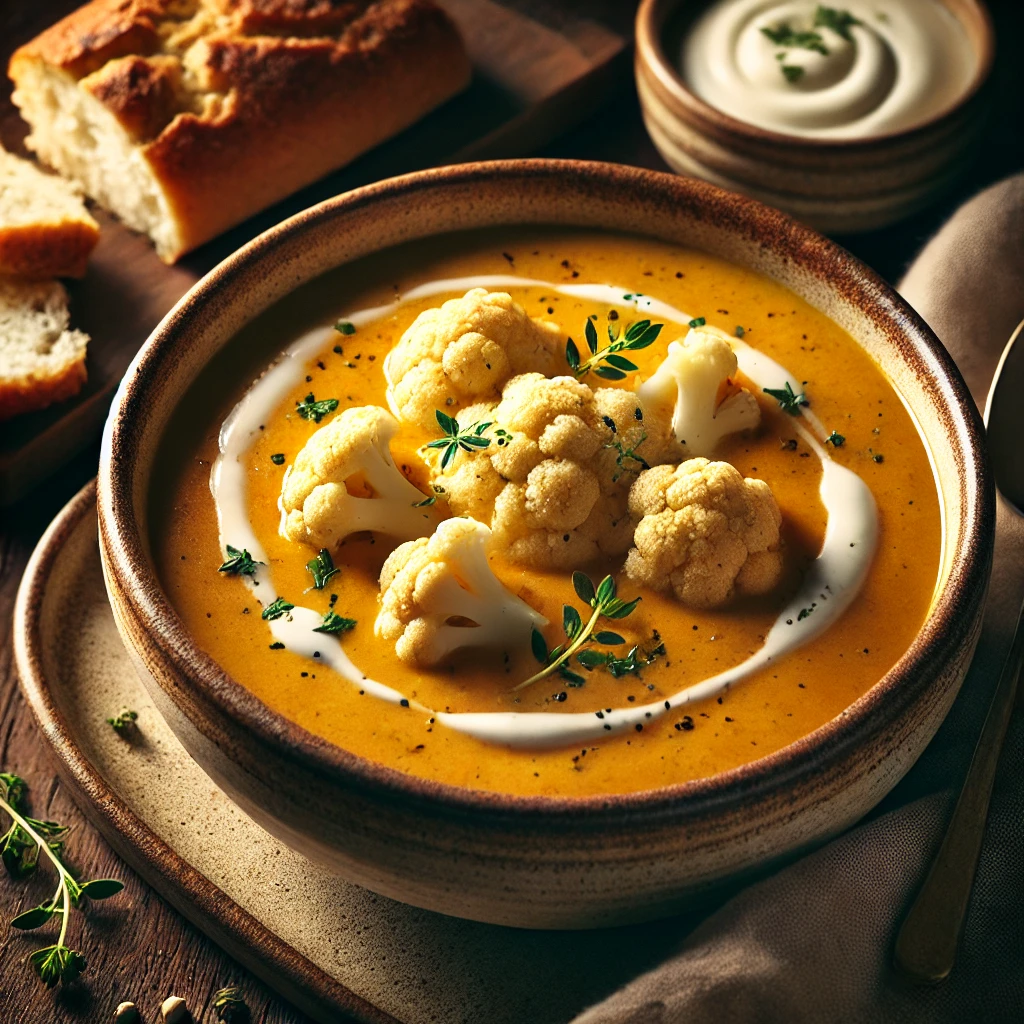 A beautifully plated Gingery Cauliflower Soup, featuring a smooth, creamy texture with a warm golden hue. The soup is served in a rustic ceramic bowl, garnished with a drizzle of cream and a sprinkle of fresh herbs. A side of crusty bread sits next to the bowl on a wooden table. Soft, warm lighting enhances the comforting and aromatic feel of this spiced, elegant dish.