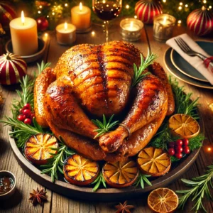 Easy Turkey Crown, beautifully roasted to a golden caramelized finish with a sticky honey glaze, garnished with fresh herbs, citrus slices, and festive roasted vegetables, presented in a cozy holiday setting.
