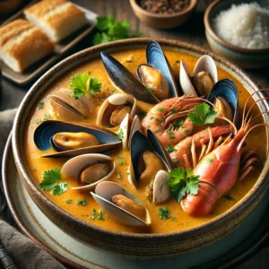 A beautifully plated Glorious Seafood Soup, featuring mussels, clams, prawns, and crab meat in a rich, creamy coconut broth. The soup is served in a rustic ceramic bowl, garnished with freshly chopped parsley. The dish has a smooth, velvety texture with a golden hue, complemented by the deep colors of the shellfish. The bowl sits on a wooden table, accompanied by a side of crusty bread. Soft, warm lighting enhances the inviting and luxurious presentation.