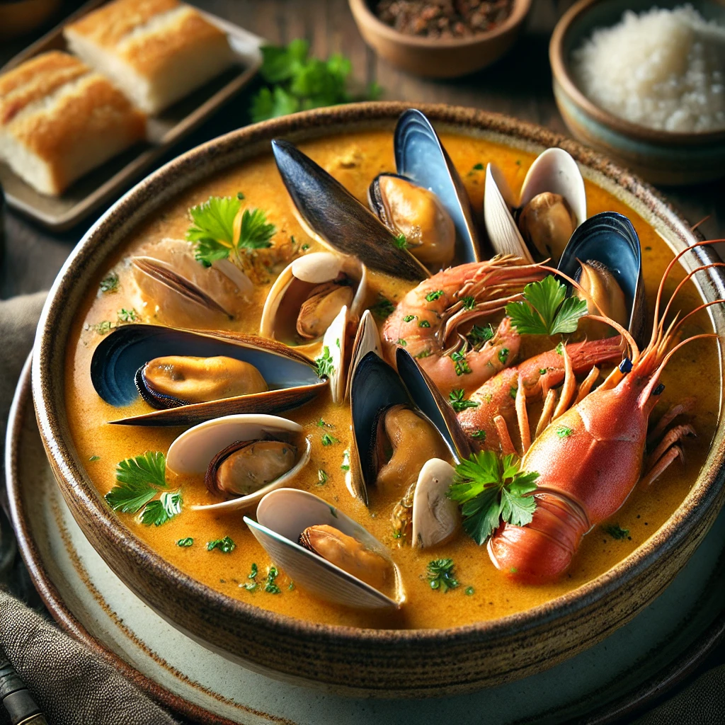 A beautifully plated Glorious Seafood Soup, featuring mussels, clams, prawns, and crab meat in a rich, creamy coconut broth. The soup is served in a rustic ceramic bowl, garnished with freshly chopped parsley. The dish has a smooth, velvety texture with a golden hue, complemented by the deep colors of the shellfish. The bowl sits on a wooden table, accompanied by a side of crusty bread. Soft, warm lighting enhances the inviting and luxurious presentation.