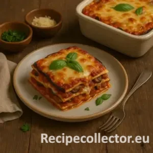 A slice of gluten-free eggplant lasagna made with roasted eggplant slices, layers of tomato sauce, and melted cheese, topped with fresh basil. Served on a ceramic plate with a rustic baking dish in the background, accompanied by bowls of herbs and cheese on a wooden table.