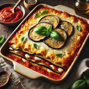 A rustic baking dish of Gluten-Free Eggplant Lasagna with roasted eggplant layers, marinara sauce, vegan ricotta, and melted mozzarella, topped with basil leaves, set on a wooden table with marinara sauce and fresh basil in the background.