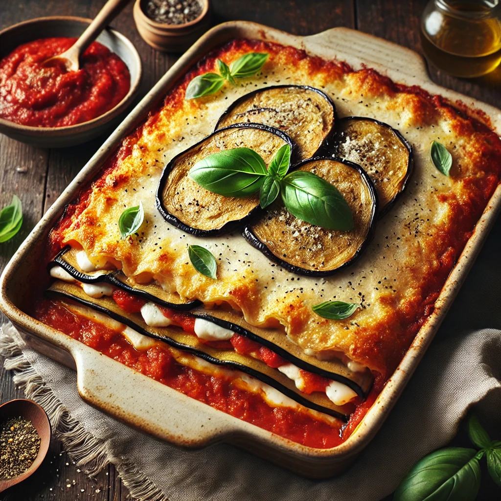 A rustic baking dish of Gluten-Free Eggplant Lasagna with roasted eggplant layers, marinara sauce, vegan ricotta, and melted mozzarella, topped with basil leaves, set on a wooden table with marinara sauce and fresh basil in the background.